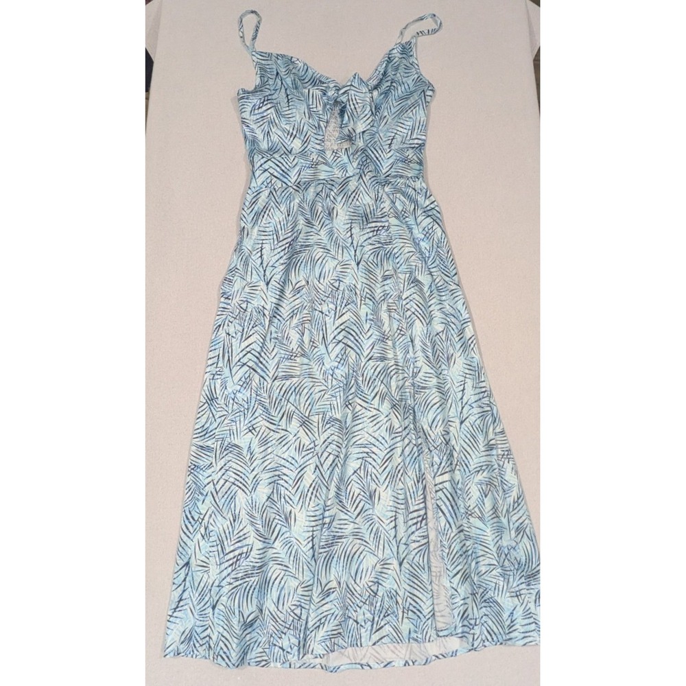 Palm Leaf Maxi Dress Womens Size M Blue Tropical Smocked Back Dress